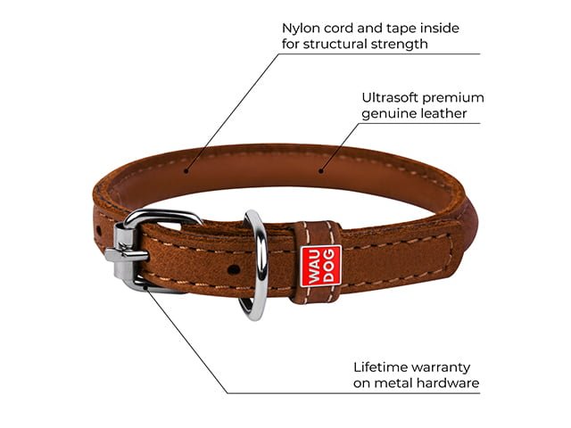 Waudog Rundsyet Læderhalsbånd - Brun - PupDeluxe.dk
