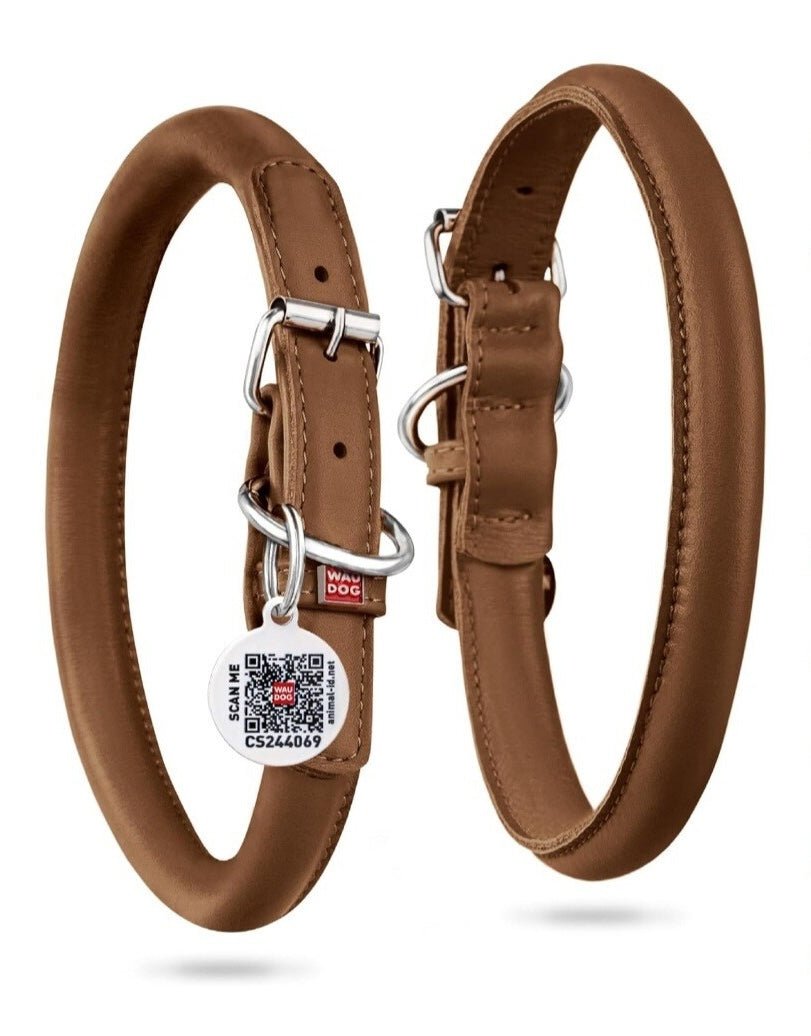 Waudog Rundsyet Læderhalsbånd - Brun - PupDeluxe.dk