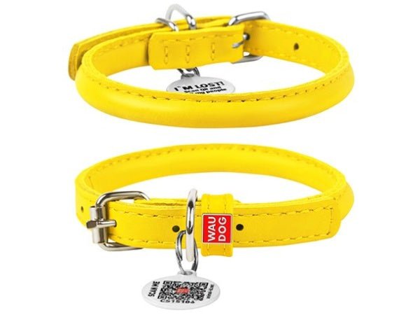 Waudog Rundsyet Læderhalsbånd - Gul - PupDeluxe.dk