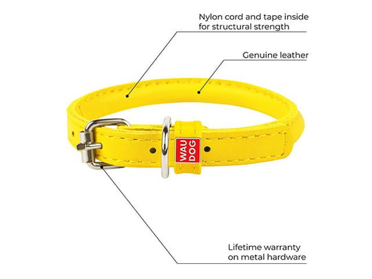 Waudog Rundsyet Læderhalsbånd - Gul - PupDeluxe.dk