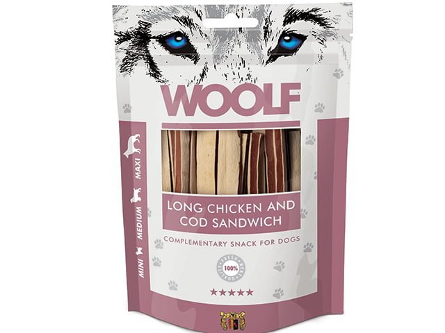 Woolf Kylling & Torsk Sandwich Lang 100g - PupDeluxe.dk