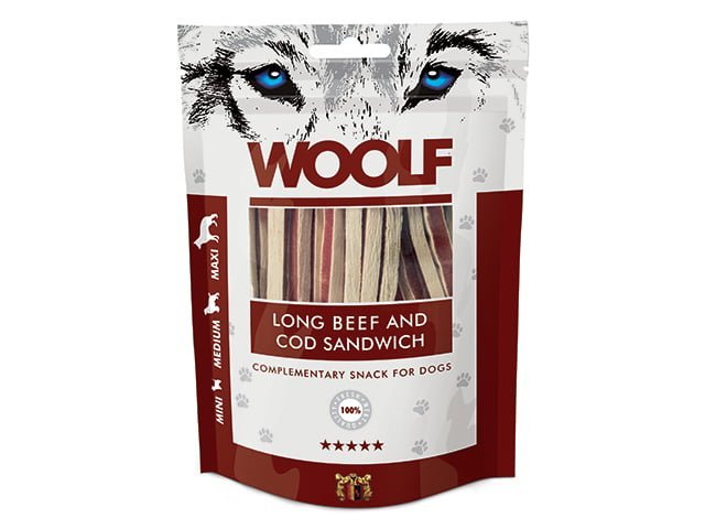 Woolf Okse & Torsk Sandwich Lang 100g - PupDeluxe.dk